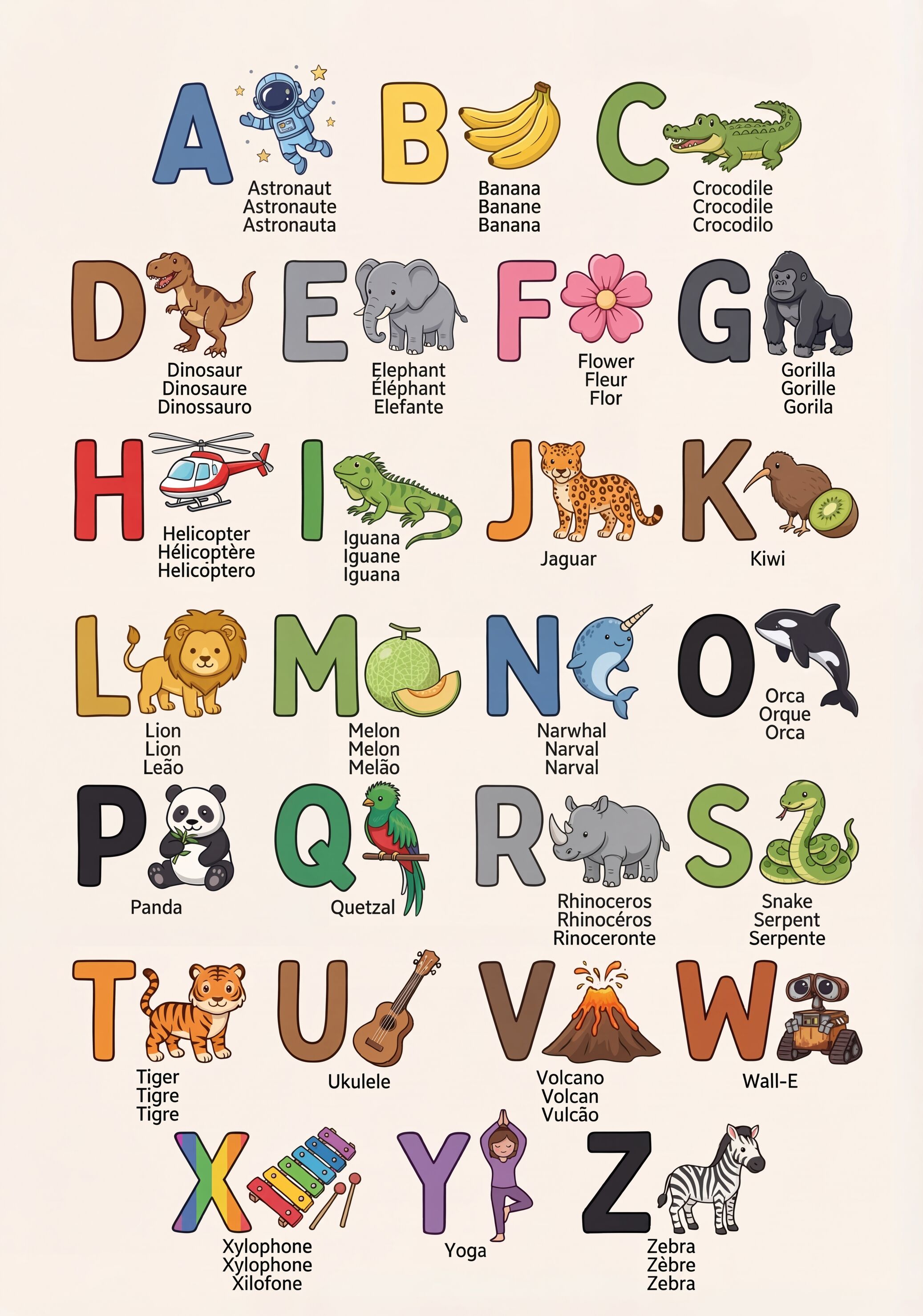 Final version of the English/French/Portuguese alphabet poster