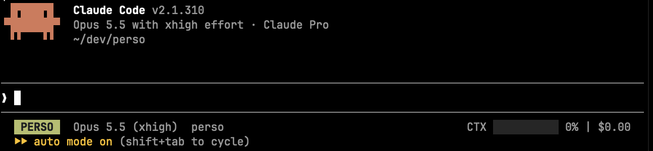 personal status line with a dark gray background and green PERSO label