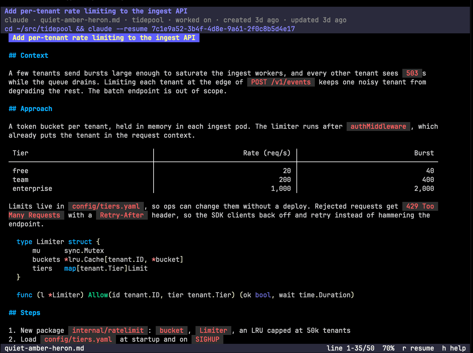 A rendered plan with the command to resume its session