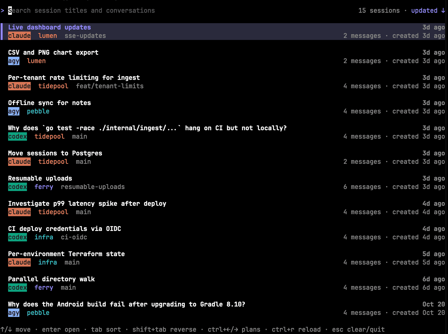 Sessions across harnesses, with projects and branches