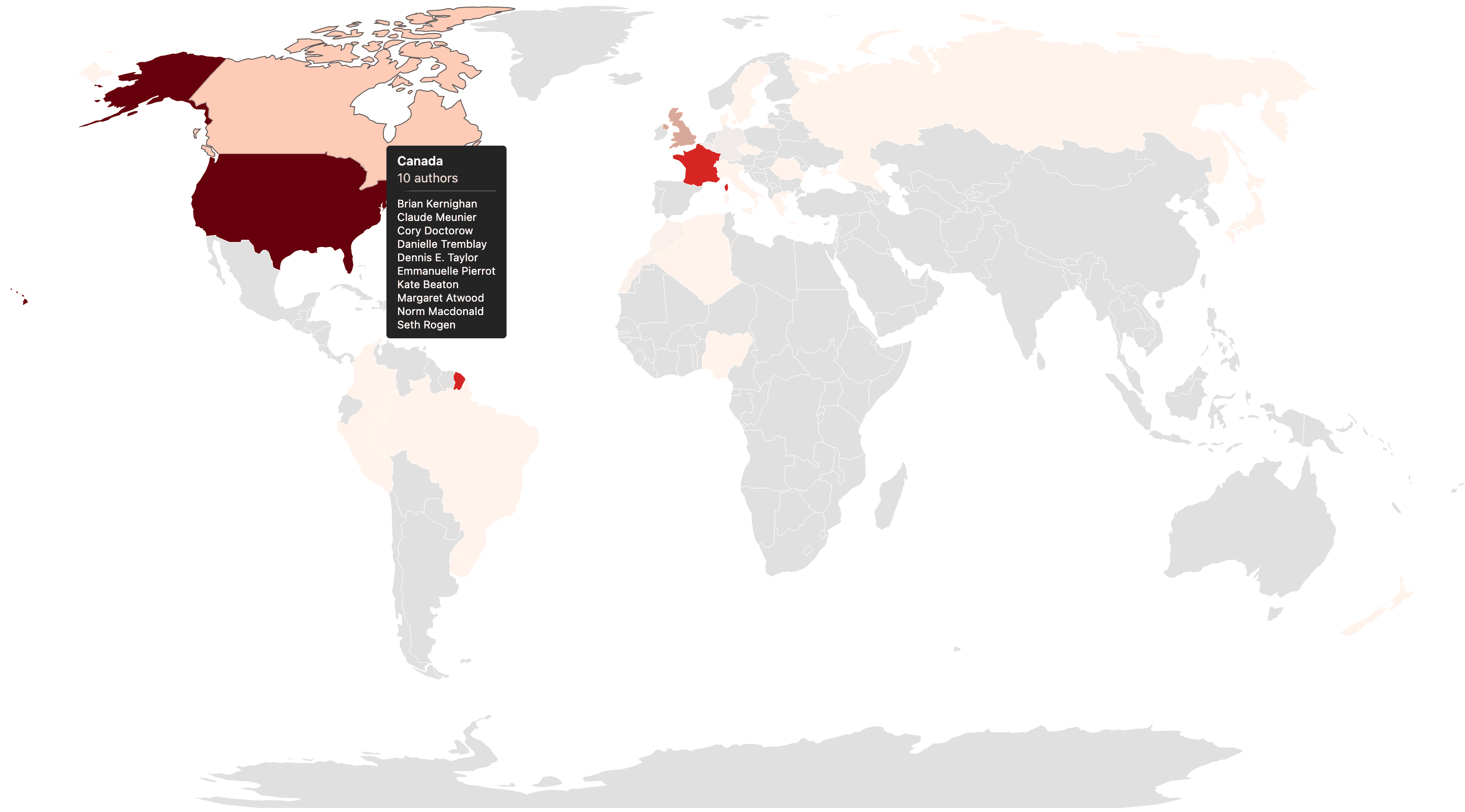 a world map with the distribution of authors I have read, by birthplace