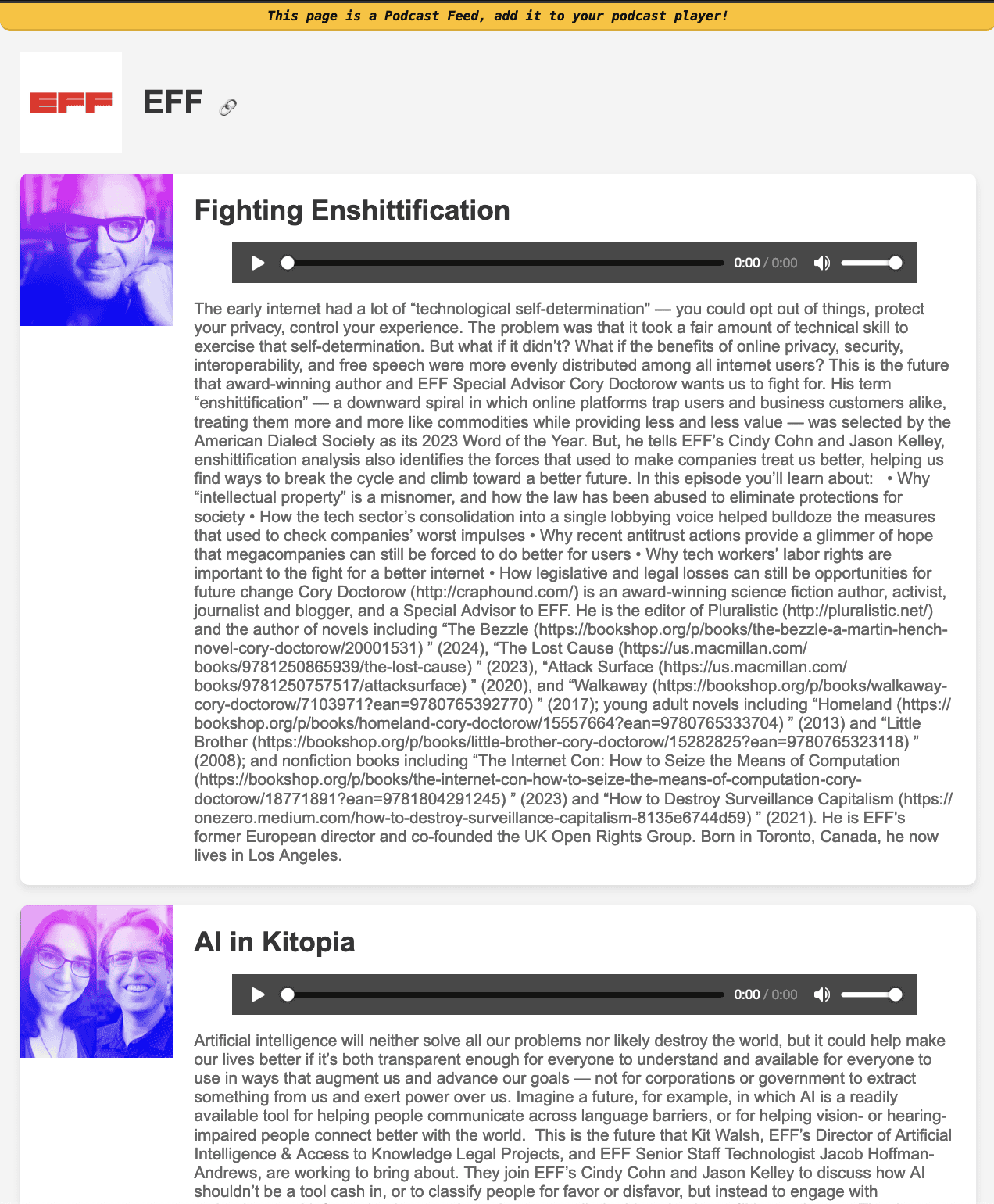 XSLT-styled audio podcast feed for the EFF podcast, each episode shown with its artwork, description and an embedded audio player