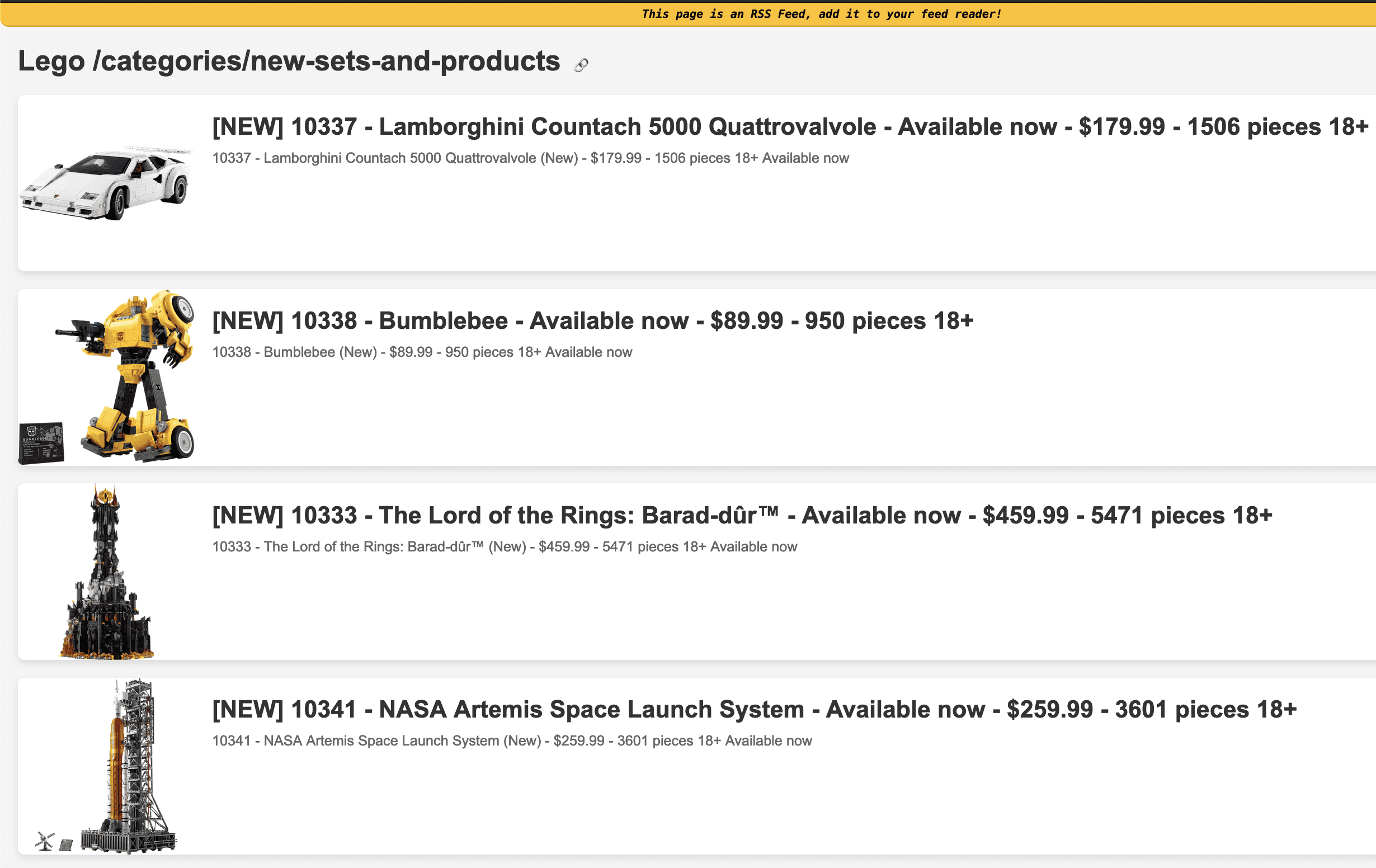 rss-banquet RSS feed styled with XSLT: Lego product announcements rendered as a readable list with images, titles and prices, topped by a banner explaining the page is an RSS feed