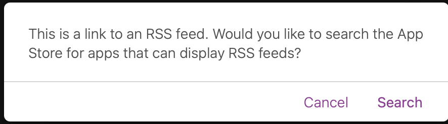 Safari dialog proposing to search the App Store for RSS reader apps instead of displaying the XML feed