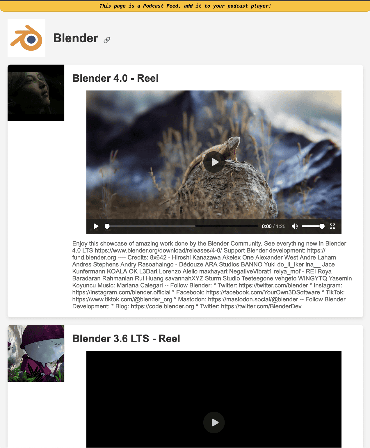 XSLT-styled video podcast feed of Blender release reels, each episode with an embedded video player