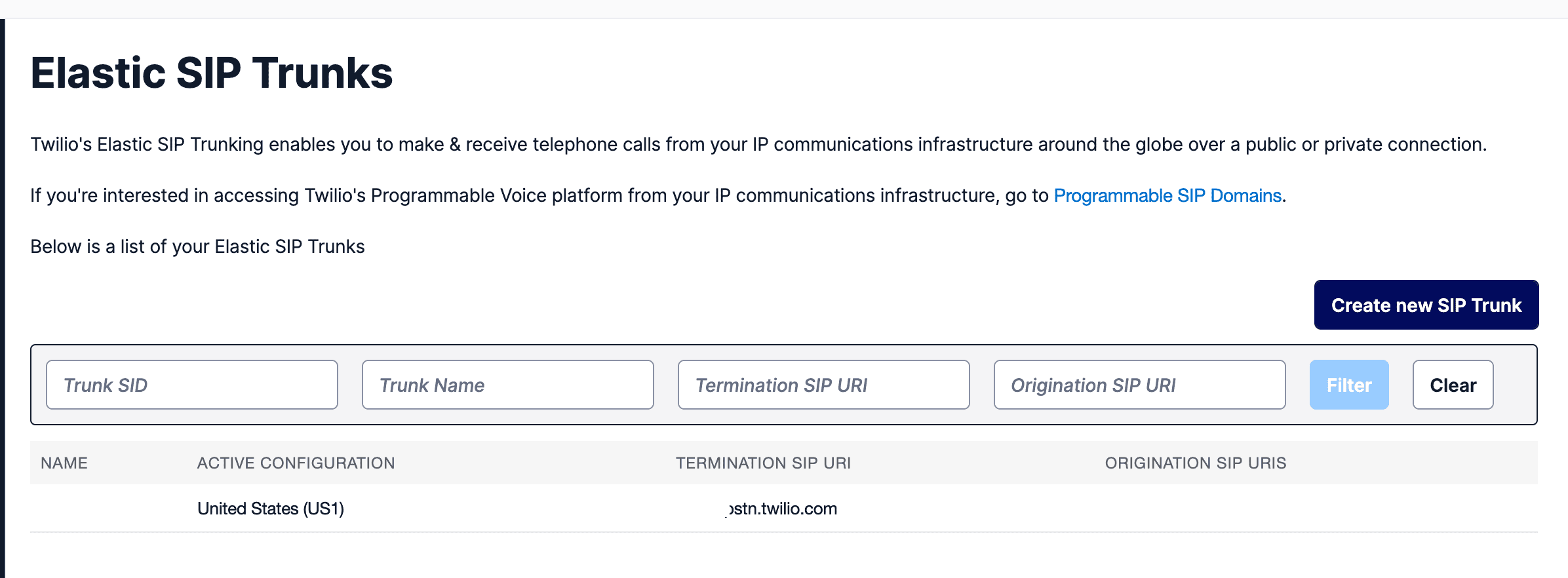 A screenshot of the twilio Elastic SIP Trunk page