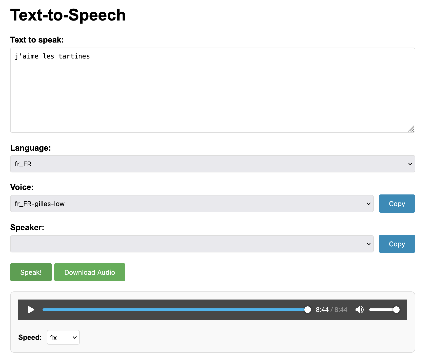 gopipertts web interface: a text box with French text, language and voice selectors, and an audio player with the generated speech