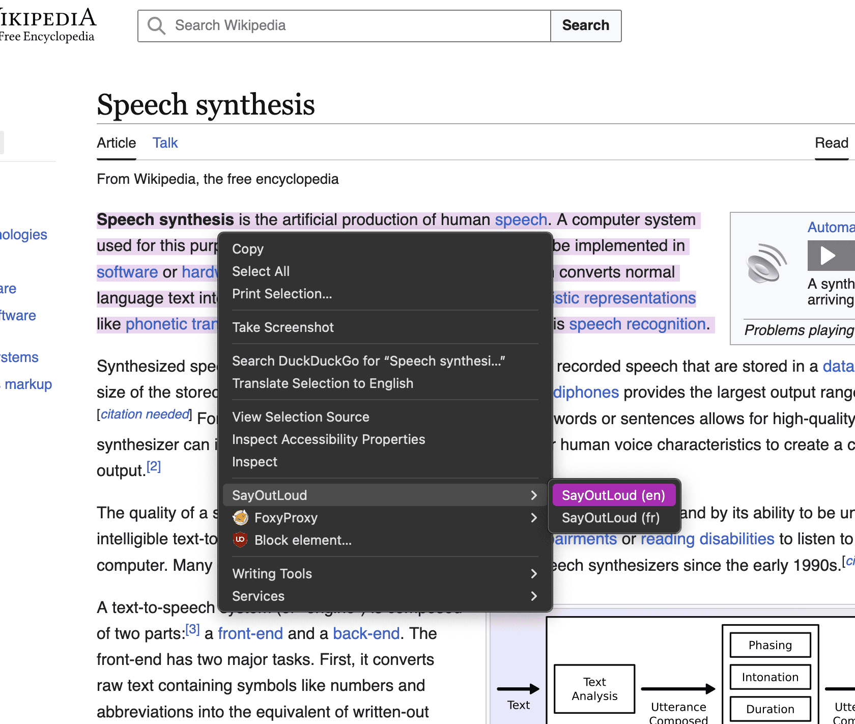 Firefox context menu on highlighted Wikipedia text showing the SayOutLoud entry with English and French options