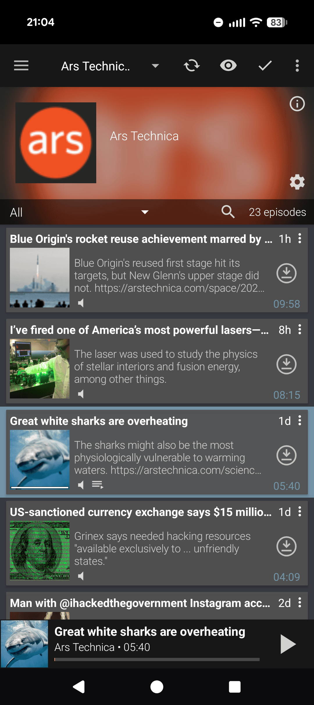 Podcast Addict showing the Ars Technica feed as a podcast, with articles listed as playable episodes