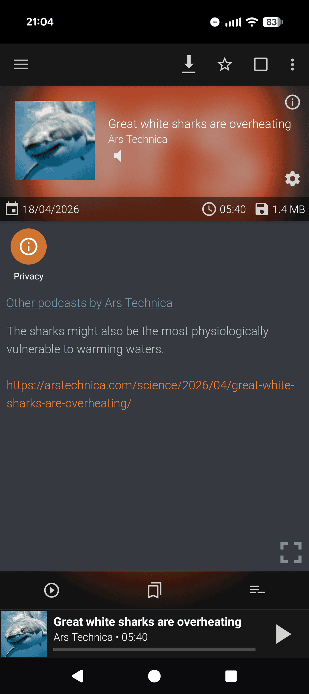 An Ars Technica article playing as a podcast episode in Podcast Addict, with its summary and link to the original post