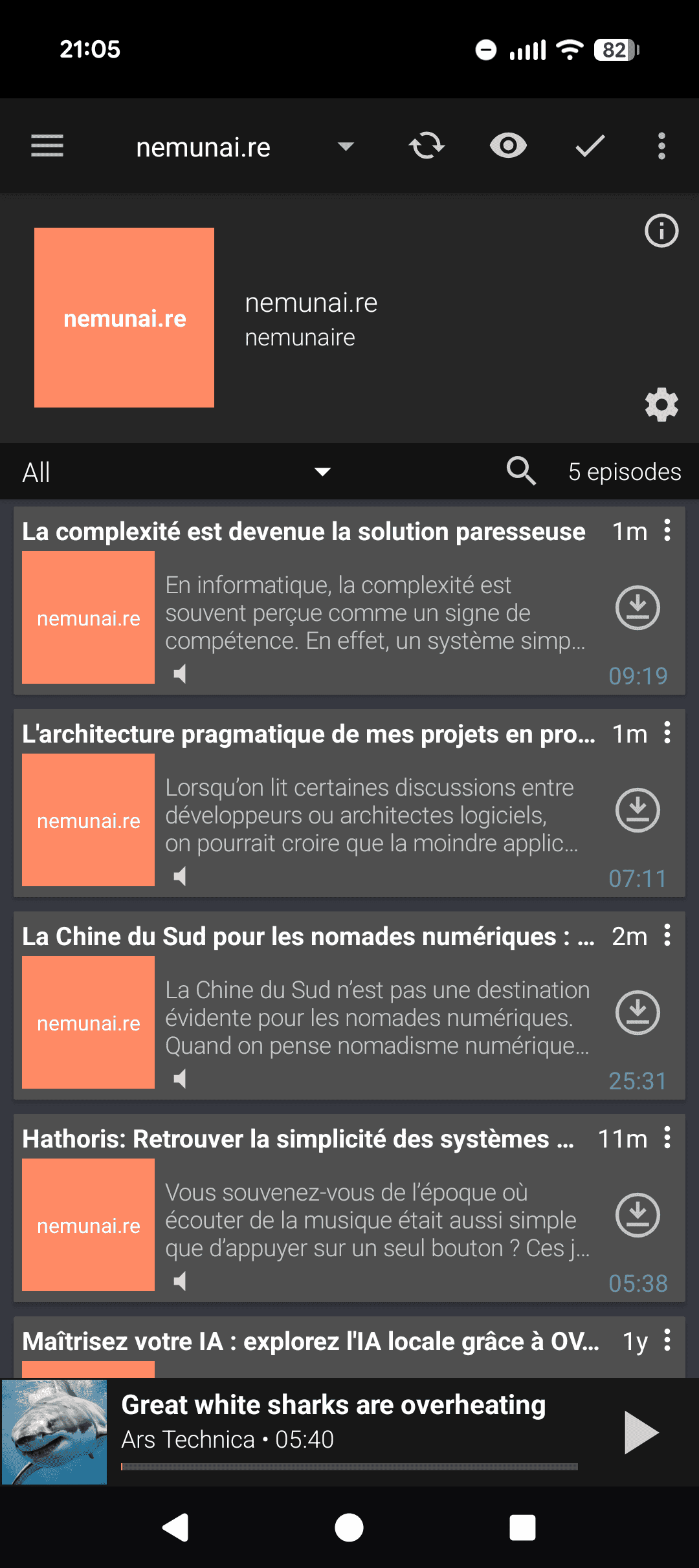 Blog posts from nemunai.re listed as podcast episodes in Podcast Addict